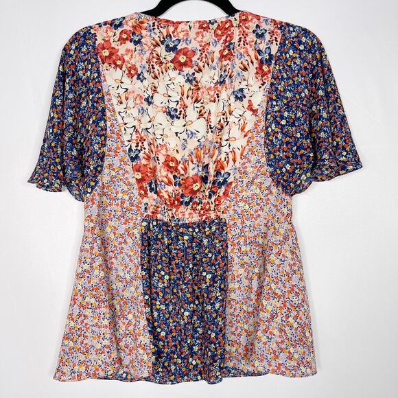 Anthropologie HD in Paris 0 Palo Alto Floral Blouse Floral Patchwork Tie Front - Picture 2 of 12
